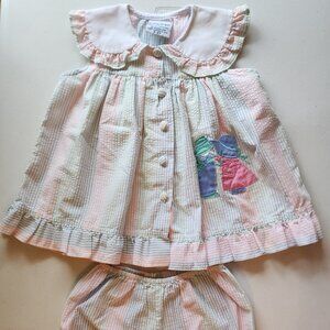 Vintage Samara Girls Pink/Blue/Green Seersucker Dress w/Bloomers Sleeveless 2T